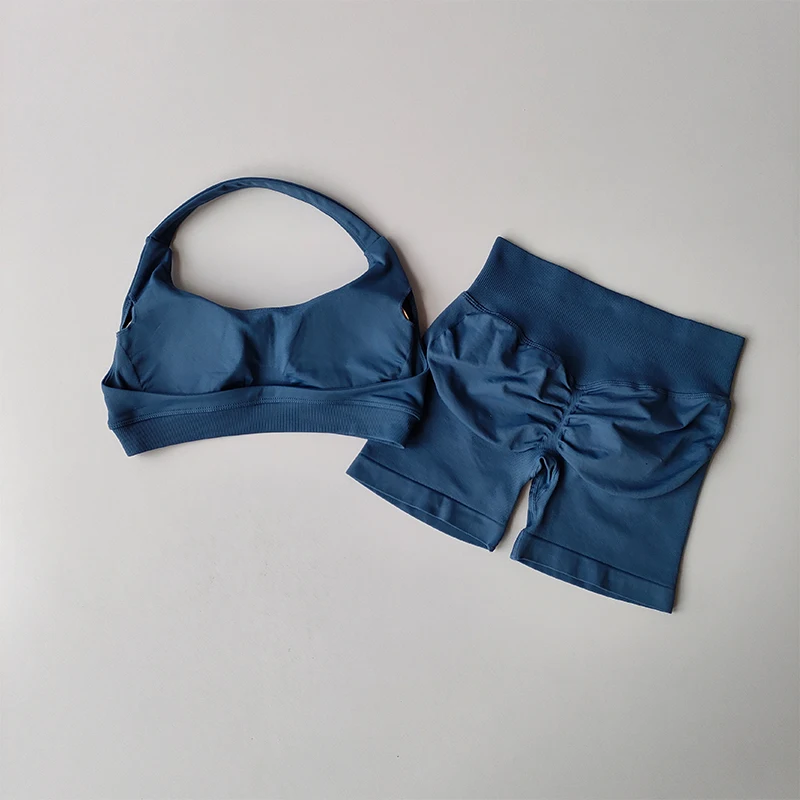 Sexy Halter Neck Beautiful Back High Waist Peach Sports Bras Shorts Suit Pilates Gathering Yoga Vest Training Fitness Bra Sets - Image 5