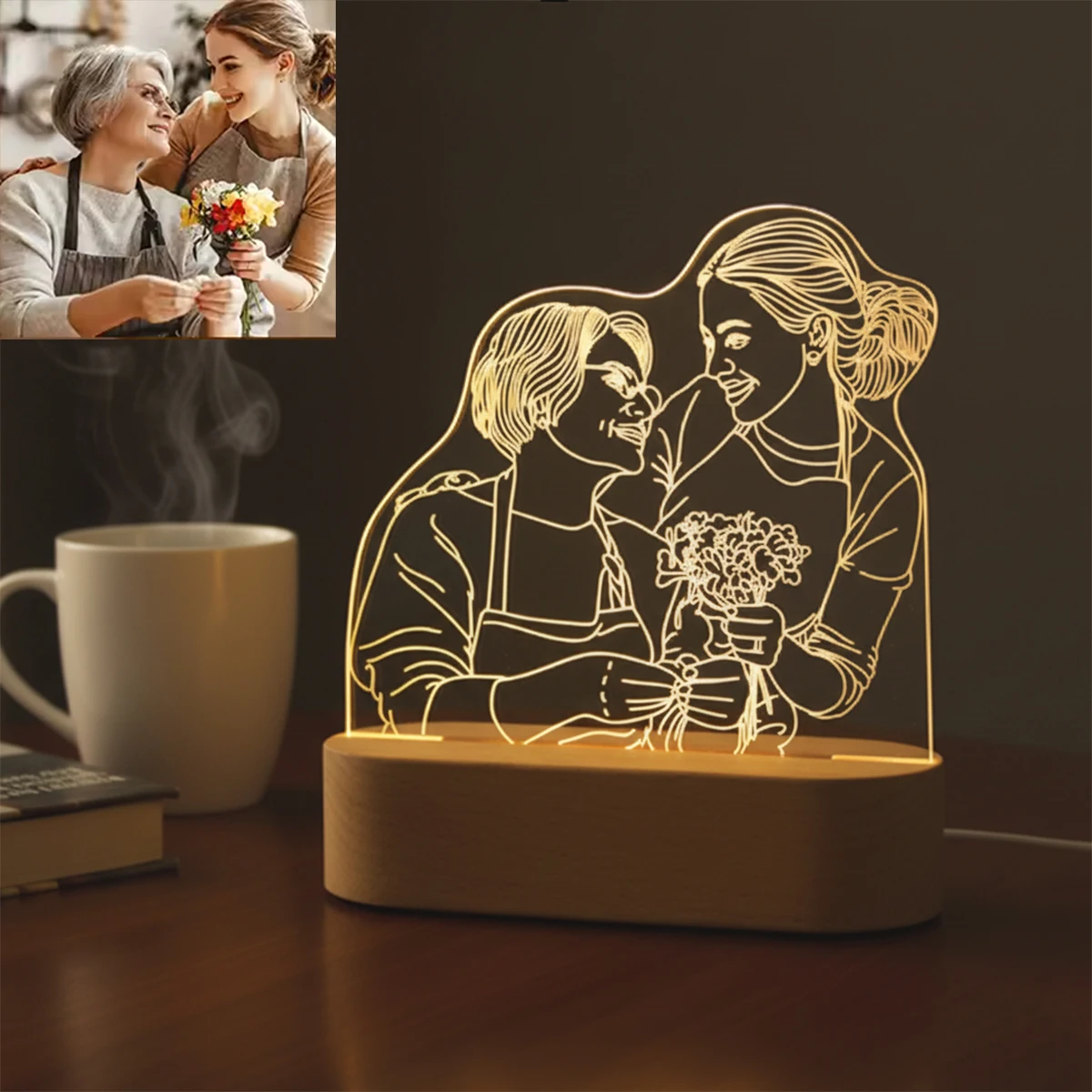 

Персонализированная акриловая лампа, индивидуальный Ночной светильник с фото текстом и деревянной основой, USB, подарок на свадьбу, День матери вечерние ринку