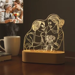 Lámpara acrílica personalizada con foto y texto, luz nocturna con USB, Base de madera, regalo de boda, fiesta del Día de la madre, envío directo