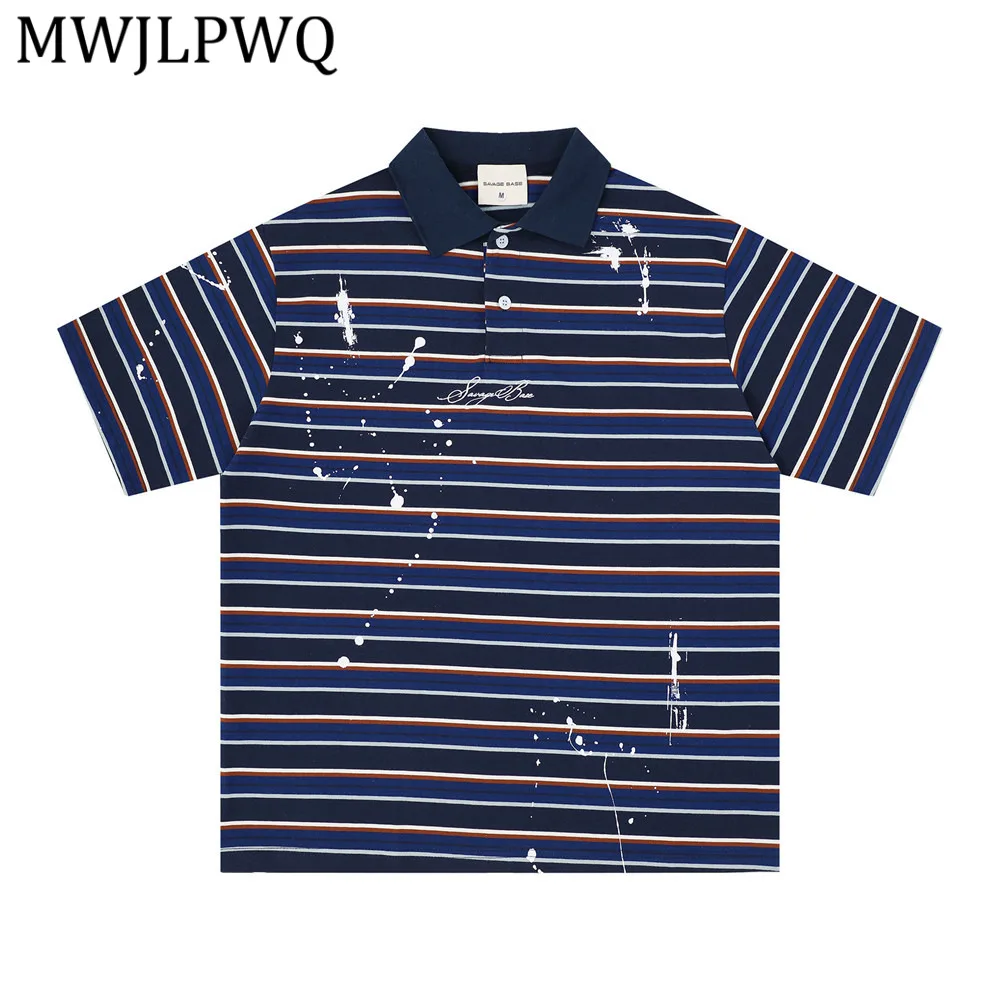 

MWJLPWQ Tie Dyed Striped Loose Shirt For Men Summer Style American Street Fashion Paint-Splattered Short-Sleeve Lapel Tops 15210