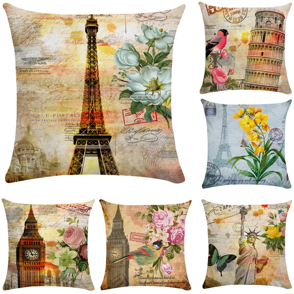 Vintage Eiffel Tower Pillowcase Morty London Clock Tower Flower Pillows Case for Living Room Home Decor Sofa Cushion Cover 45x45