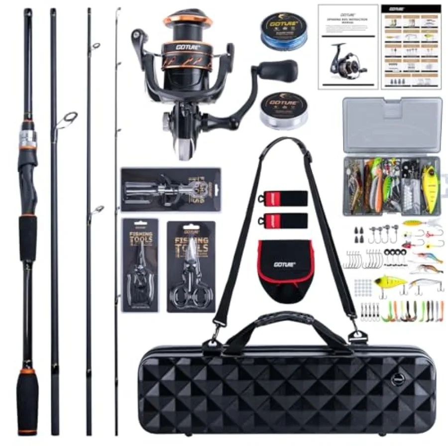 

Удочка из углеродного волокна 6.6-9 футов с катушкой, сумкой для переноски, спиннинговыми катушками, набором приманок, плоскогубцами, плетеной леской и захватом для рыбы