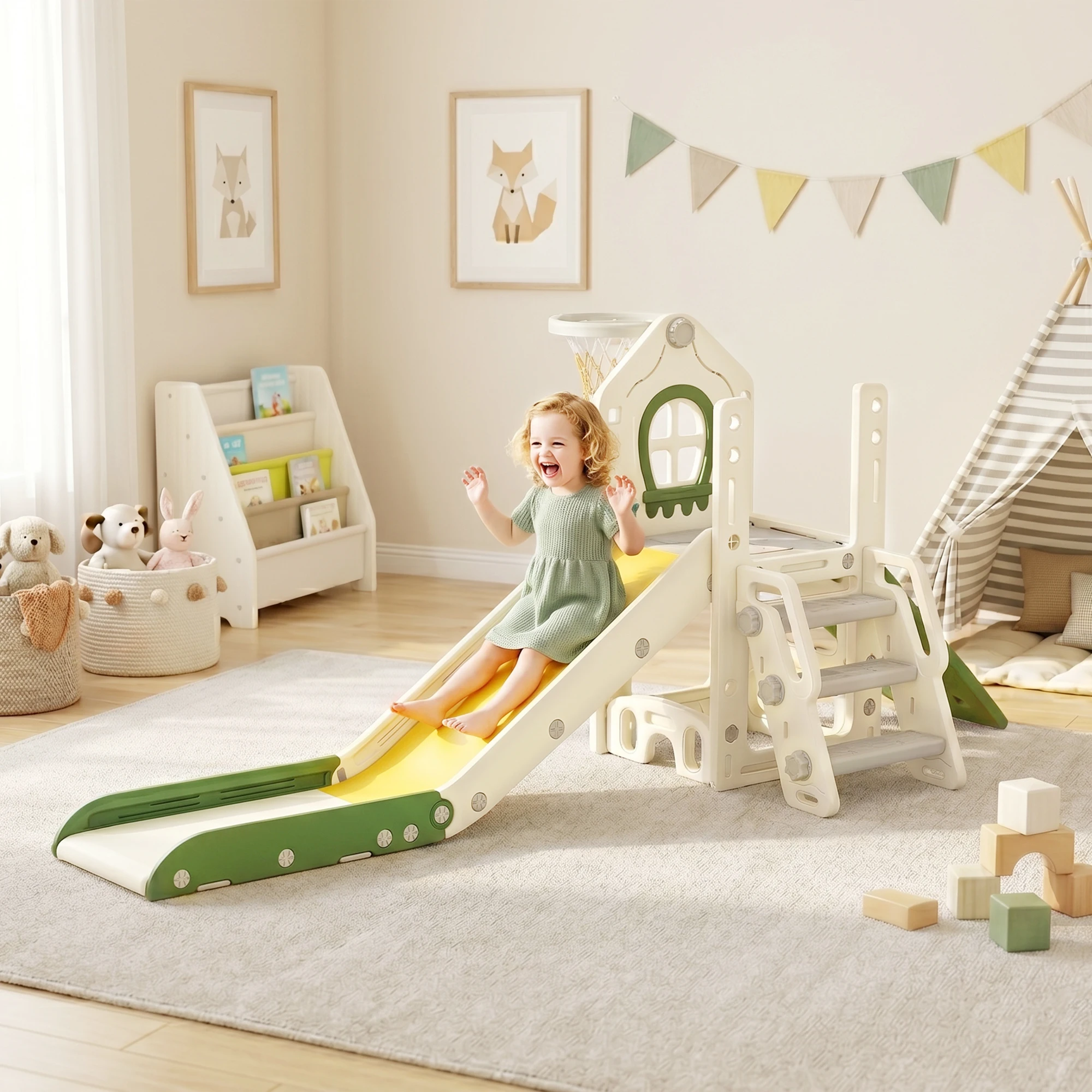 Toboggan pliable 4 en 1 avec élément d'escalade, panier de basket, espace de rangement et ballon de basket pour enfants de 1 à 3 ans, blanc crème