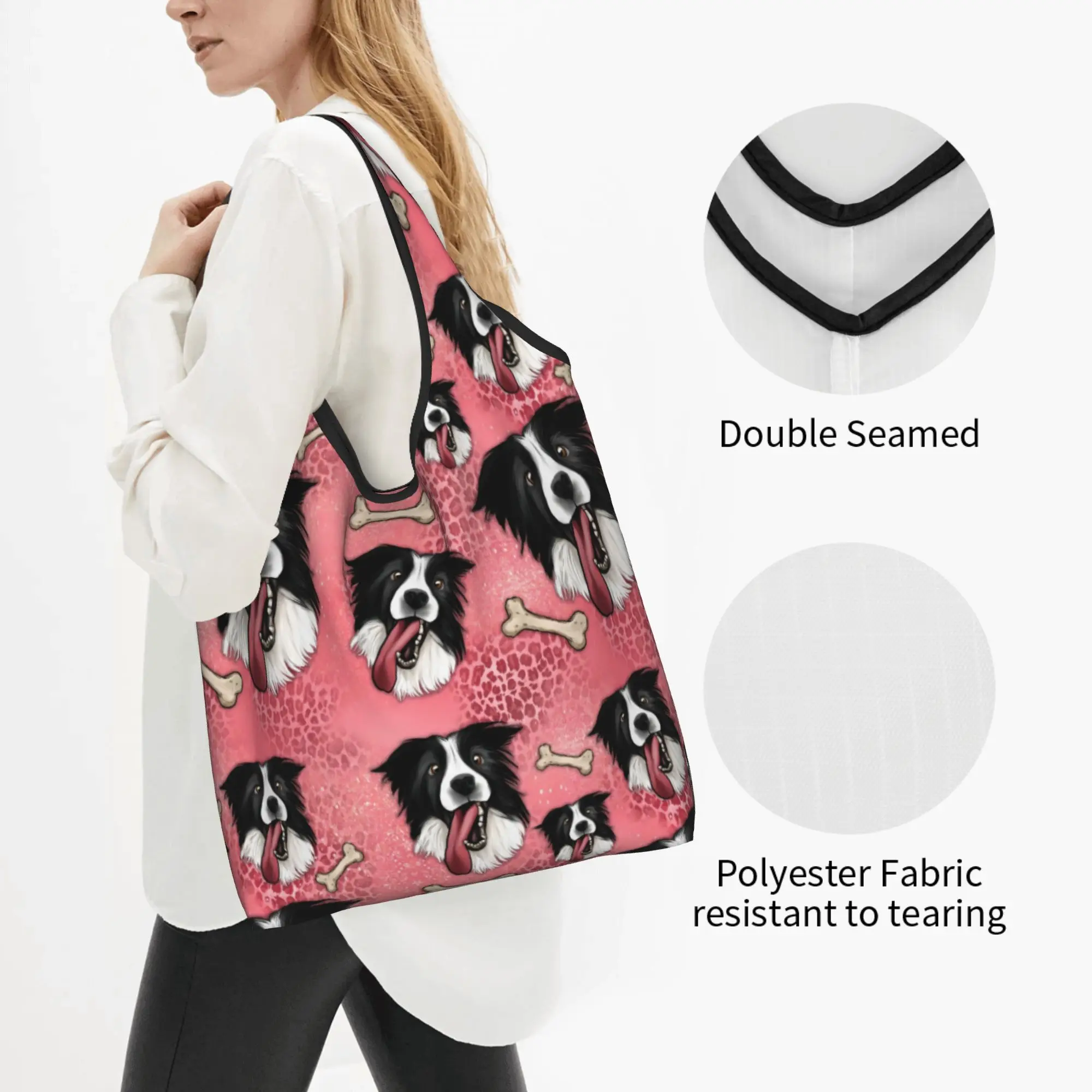 Cute Cute Love Border Collies  Shopping Tote Bag Portable Dog Pet  Grocery Shoulder Shopper Bag