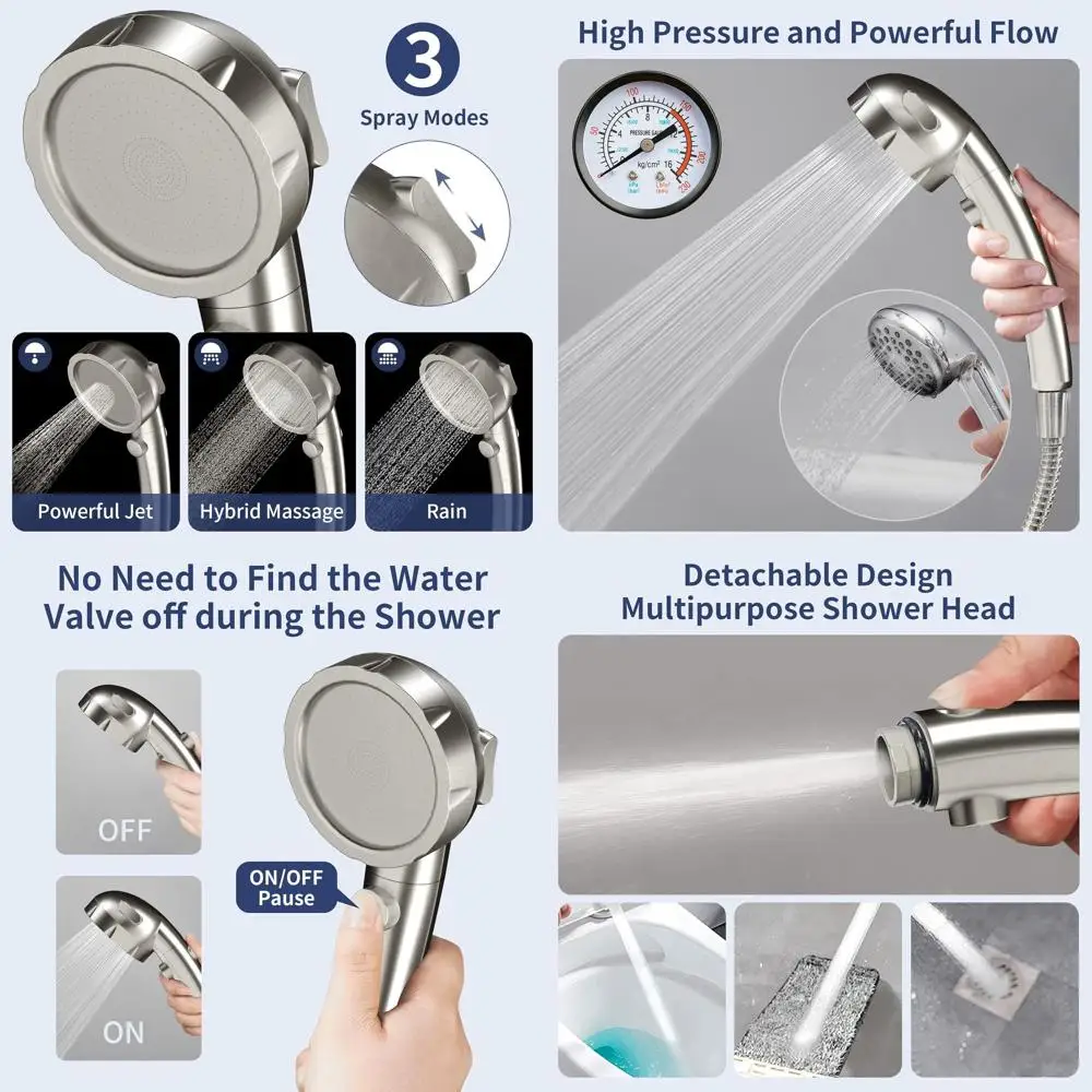 Głowica prysznicowa wysokociśnieniowa z 3 trybami pracy, funkcją pauzy, oszczędzająca wodę, przenośna, ręczna, do kamperów i na kemping.