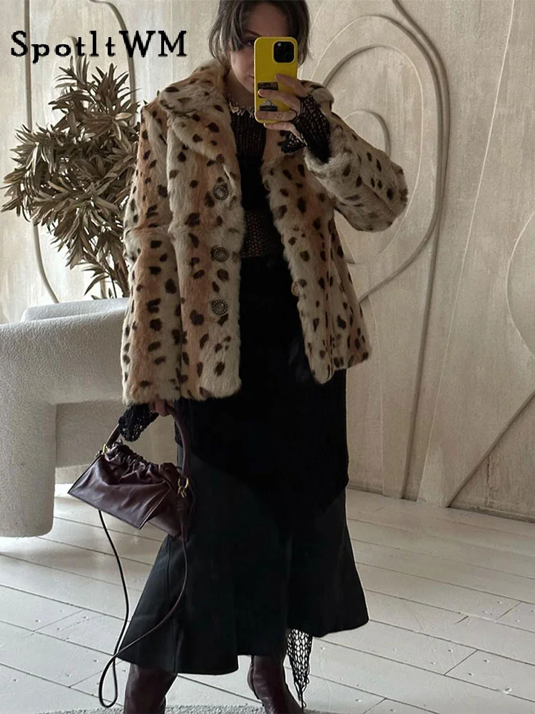 Moda damska Leopard Print Faux Fur Ciepły płaszcz Szykowne klapy Długie rękawy Kurtka codzienna Jesień Zima Odzież wierzchnia damska