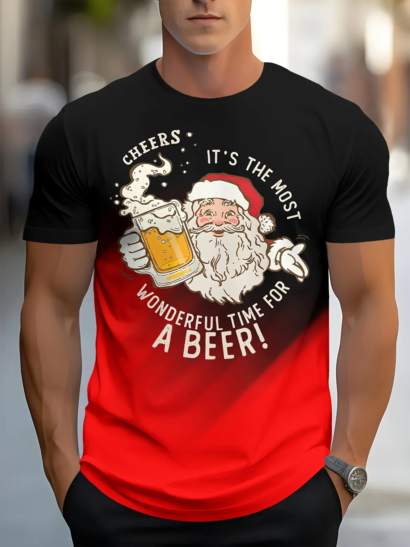 Fashion Men's Santa Claus Beer Mug T Shirt Cheers It's The Most Wonderful Time For A Beer Gradient Short Sleeve Christmas Tee