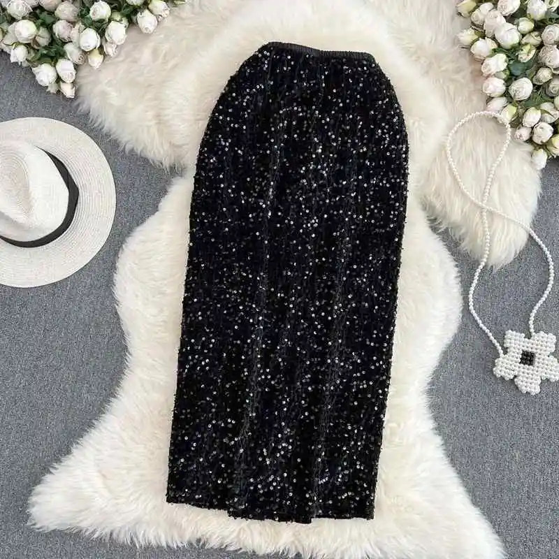 

Корейская модная юбка миди с высокой талией, боковым разрезом и пайетками, Cleanfit Sle H pe для женщин, Ciwalk, подходит для круглогодичного использования