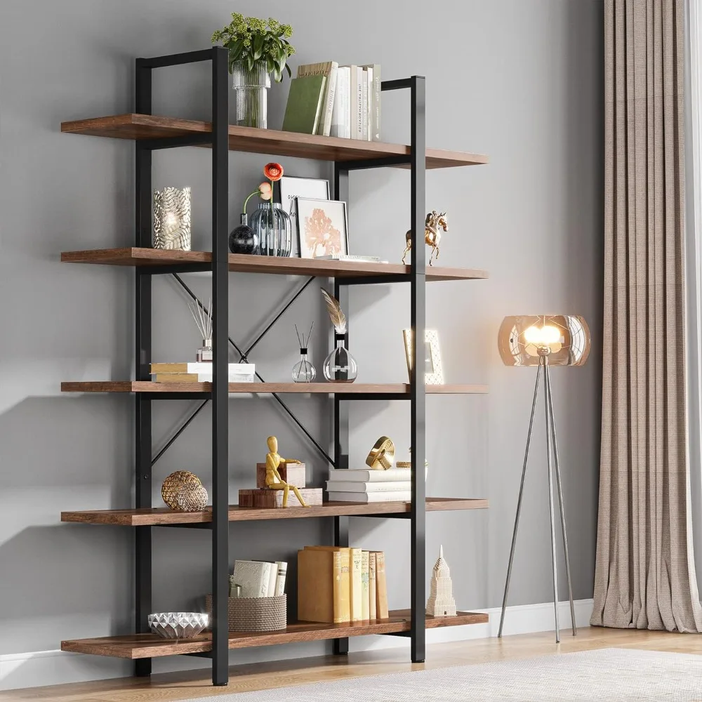 

5-Tier Bookshelf, Vintage Industrial Style Bookcase 72 H x 12 W x 47L Inches, Retro Brown