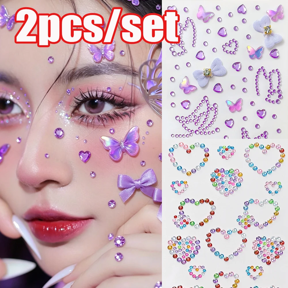 1/2pcs Purple Butterfly&Hollow Heart Diamond Rhinestone Face Sticker 12x8cm Crystal Butterfly Face Decal Adhesive Diamond Slider