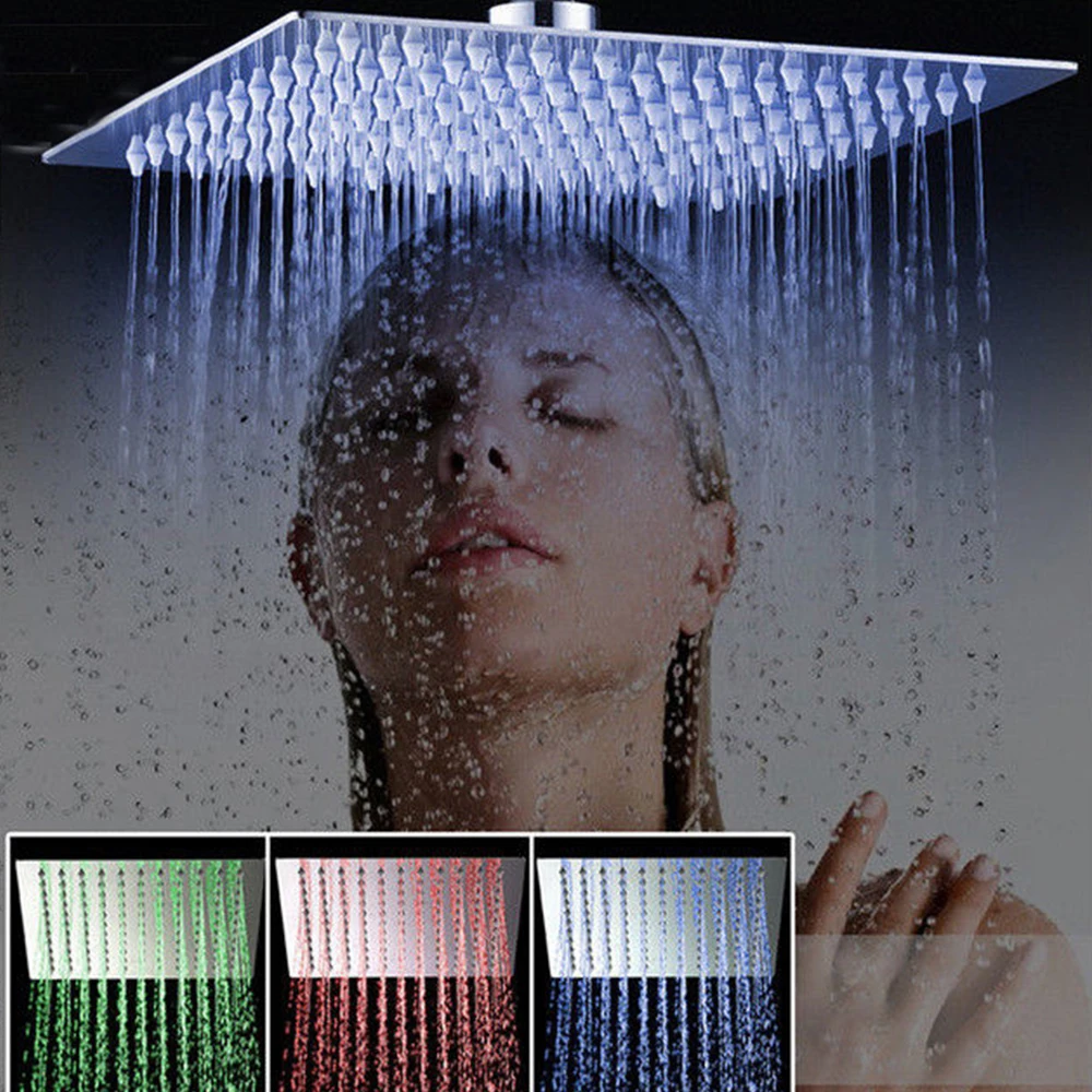 

Luxury Chrome LED Rainfall Shower Head Stainless Steel Square Color Changing Lights Shower head Water Flow Generates