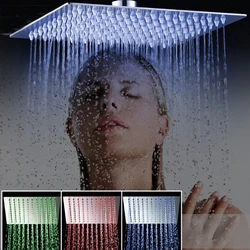 Luxury Chrome LED Rainfall Shower Head Stainless Steel Square Color Changing Lights Shower head Water Flow Generates