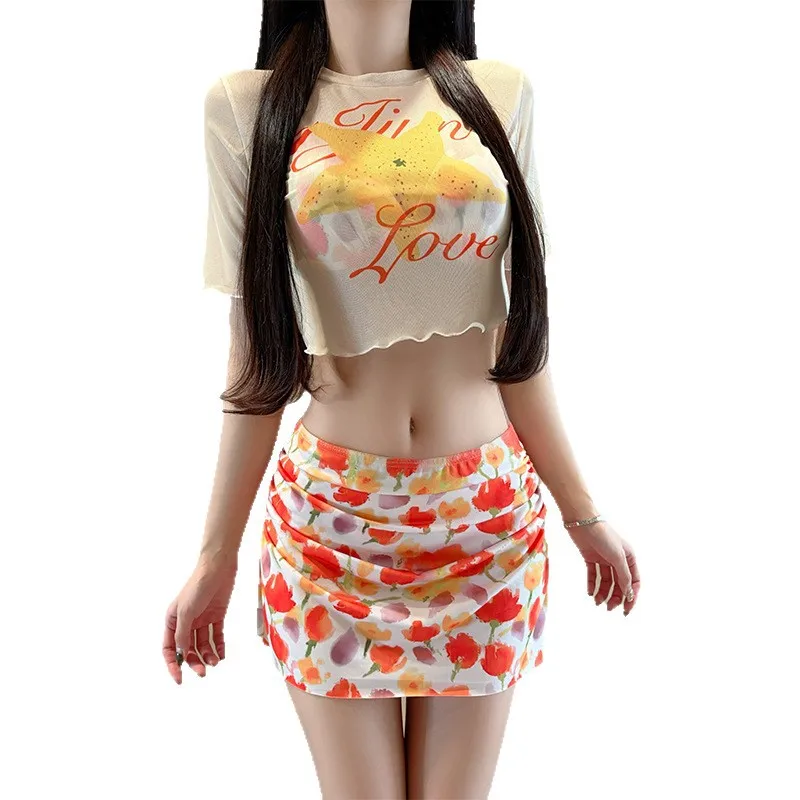sexy Korean fashion orange flower print bikini sets 4pcs short sleeve crop tops with mini skirt swimsuit swimwear bathing suit view 3