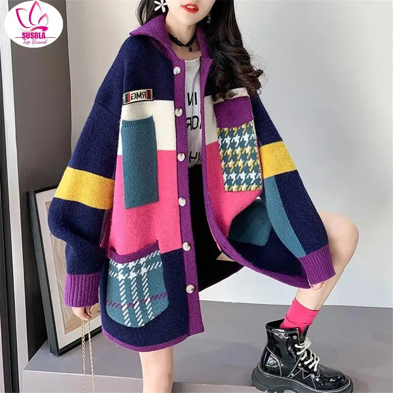 

SUSOLA Autumn Winter Women Long Cardigan Lady Contrast Print Pocket Button Oversize Sweater Cardigan Female Street Jacket Coat