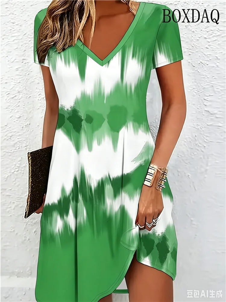 Tie Dye Striped Print Dresses For Women 2026 Plus Size Summer Clothing Short Sleeve Dress Casual V-Neck Female Loose Midi Dress