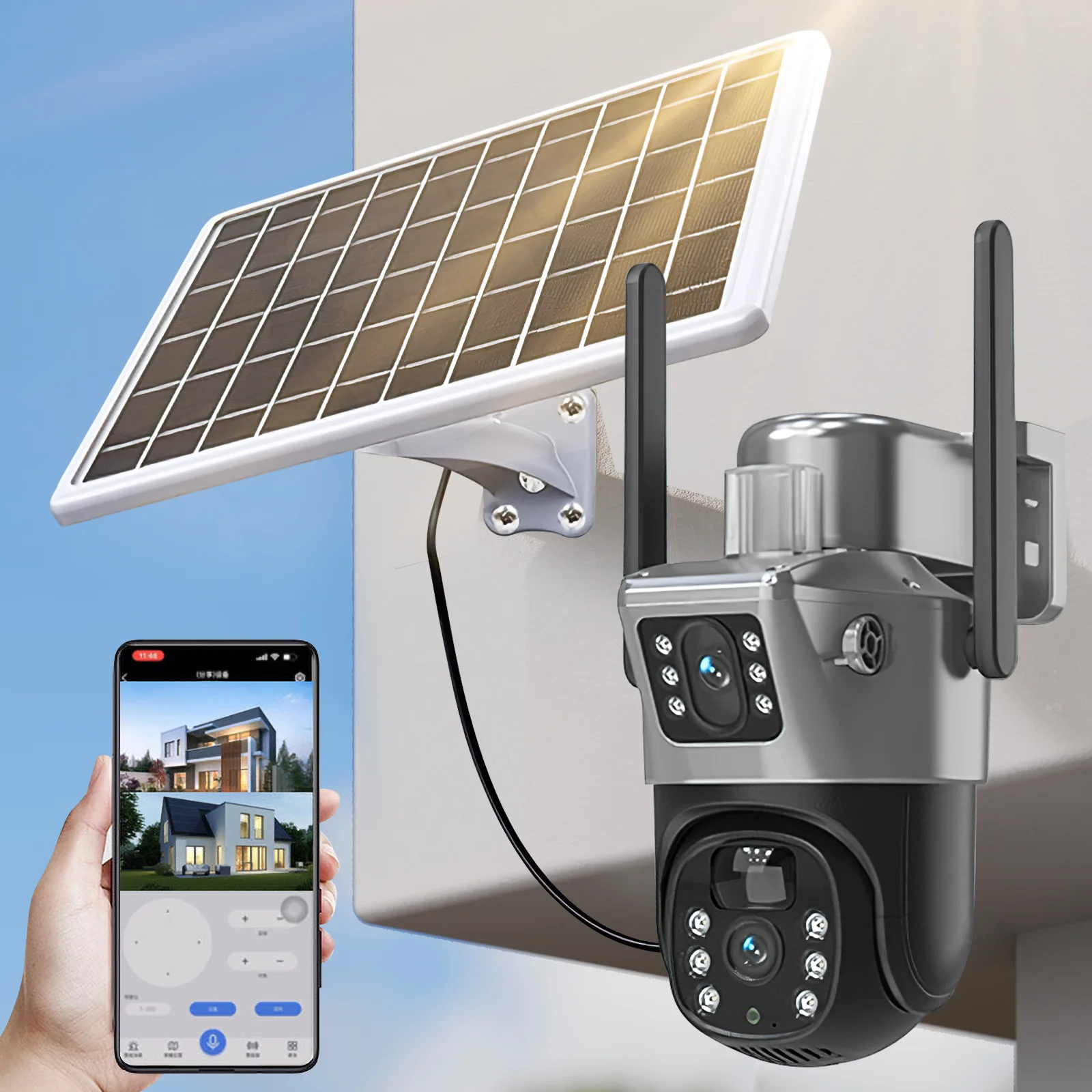 Caméra de sécurité solaire PTZ extérieure 8MP 4K à double objectif et double écran, caméra CCTV WiFi avec détection et suivi humain PIR