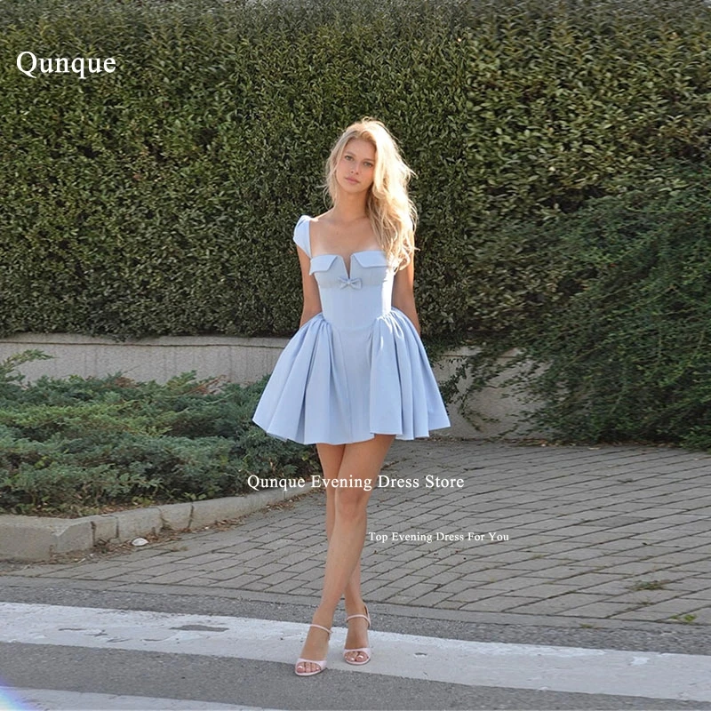 

Qunque Strapless Short Sky Blue Bespoke Occasion Dresses Simple Mini Evening Dresses With Bow Lace-up Party Gowns Customized