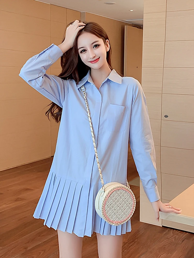 Autumn Long Sleeve White Pleated Shirt Dress 2023 Women Casual Turn Down Collar Mini Dress Button Lady A Line Office Vestidos