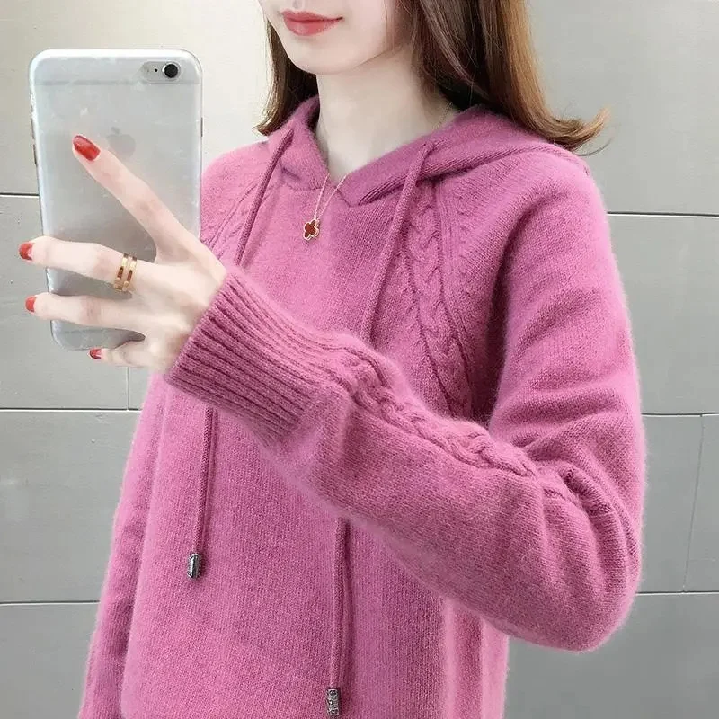 Korean Autumn Winter Women Knitwear New Add Velvet/No Velvet Female Pullover Loose Hooded Sweater Femme Pullovers Knitting Coats