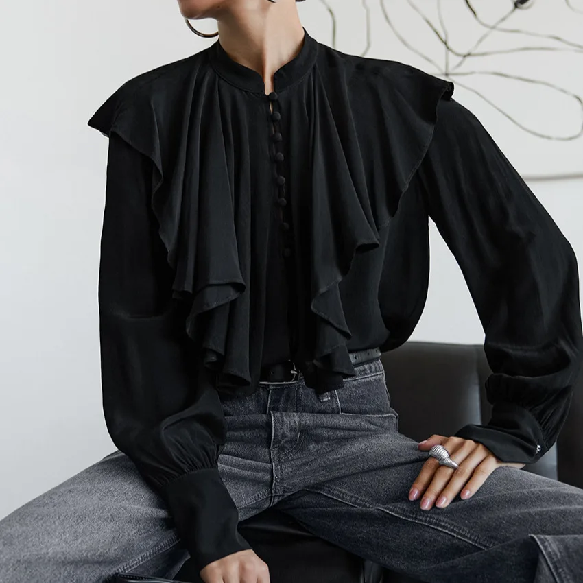 

Женская рубашка с воротником-стойкой и отделкой в виде листьев лотоса, с длинными рукавами, французскими рукавами-фонариками, свободного кроя, однотонная.