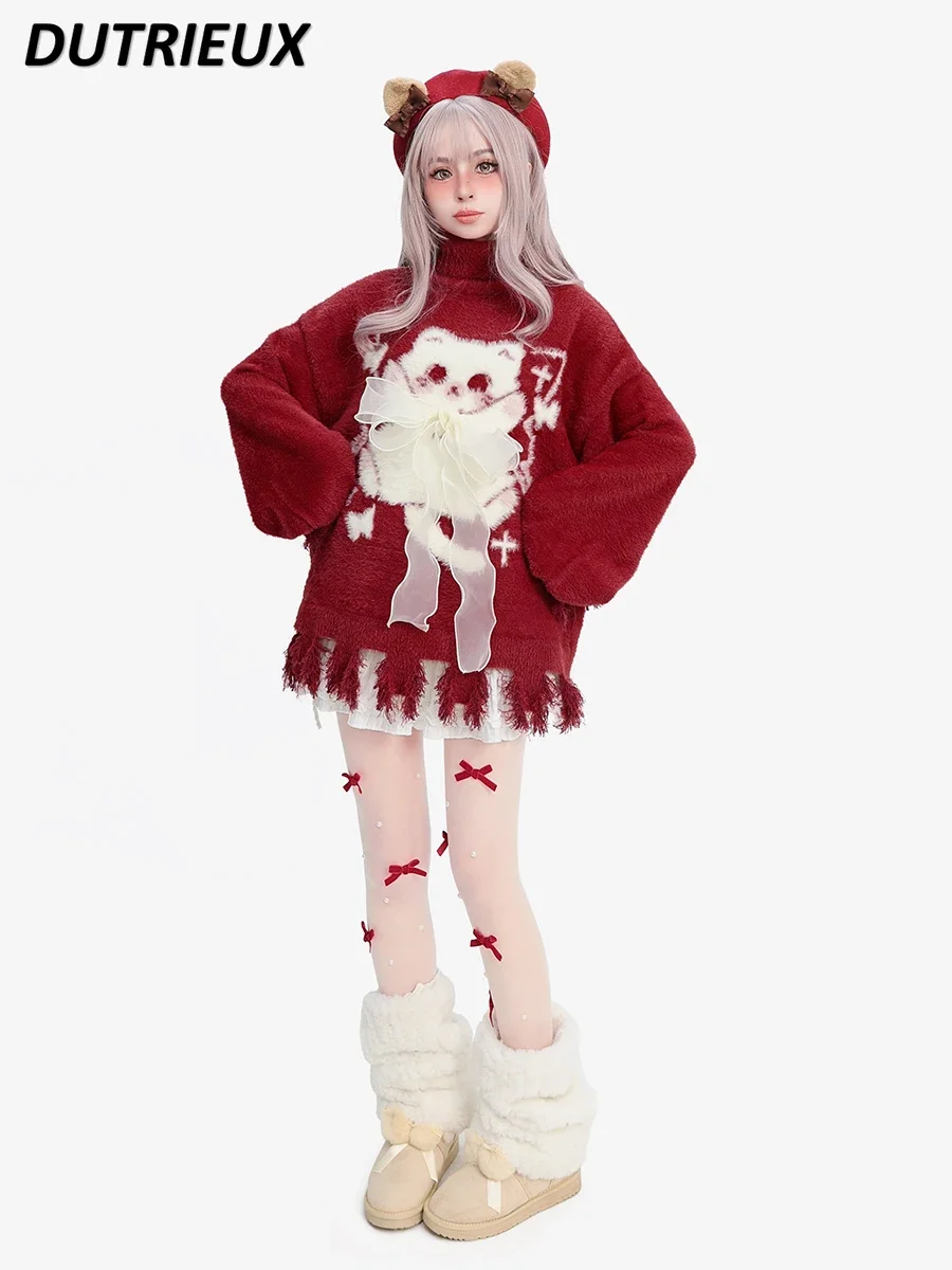 Autumn Winter New Sweet Girls Versatile Red Sweater Imitation Mink Printing Long Sleeve Loose Mid-length Knitted Pullover