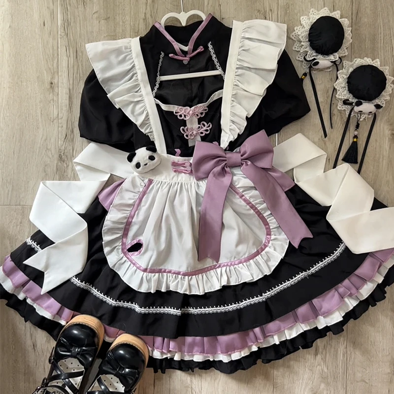 Lolita Maid Dress 2024 New Summer Chinese Style Women Cute Girls Short Sleeve Buckle Op Dress with Apron Leg Warmer Outfits