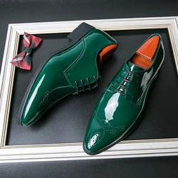 Men Mirror Face Oxfords Shoes Luxury Design Formal Shoes Green Patent Leather Pointed Shoes Lace-Up Business Dress High Quality