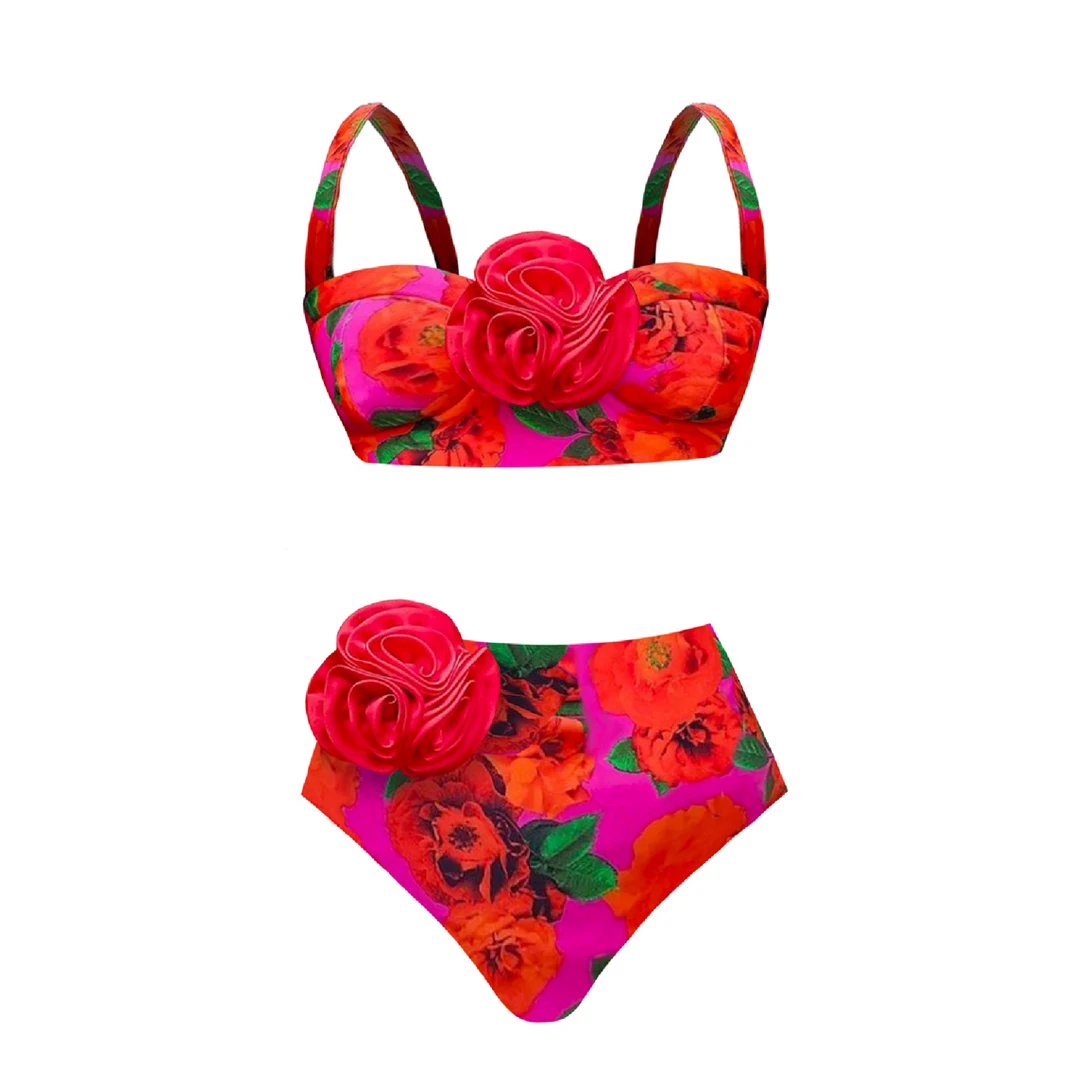 2024 3D Flower Bikini Underwire Swimsuit High Waist Swimwear for Women Push Up Two Piece Bathing Suits Summer Female