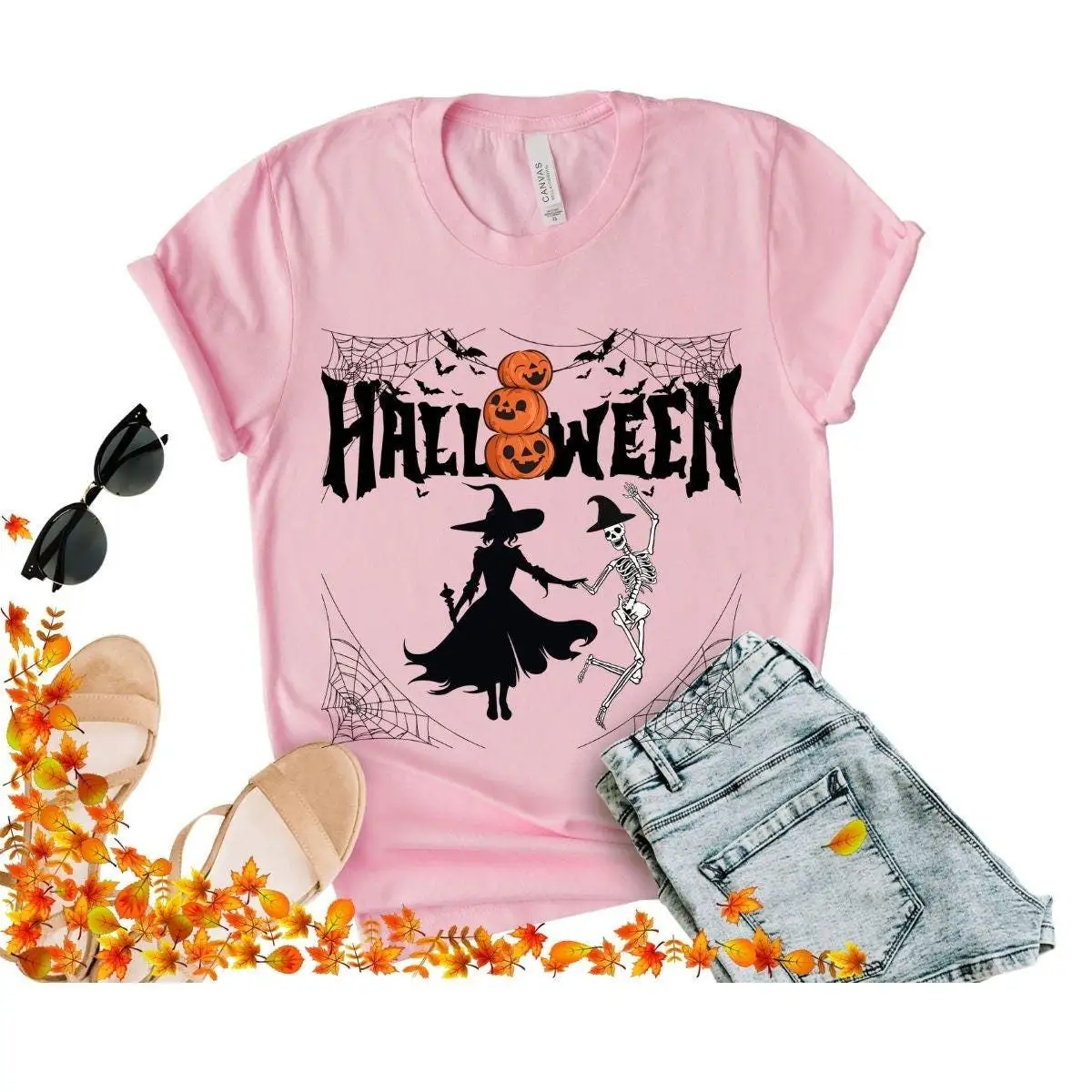 Witch Skeleton Pumpkin Dancing Halloween T Shirt Retro Women