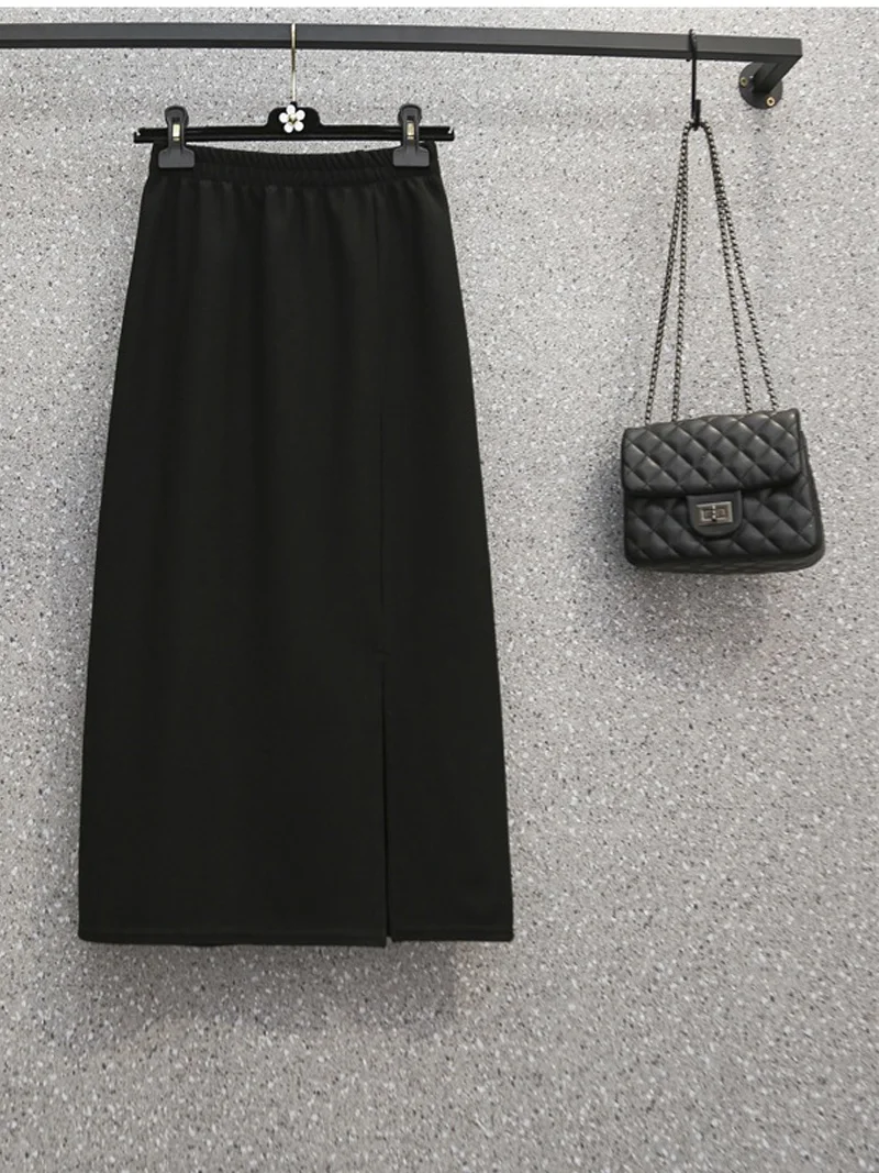 Autumn Split Elastic High Waist Loose Office Ladies Solid Color A-Line Literary All-match Elegance Casual Trendy Basics Skirts