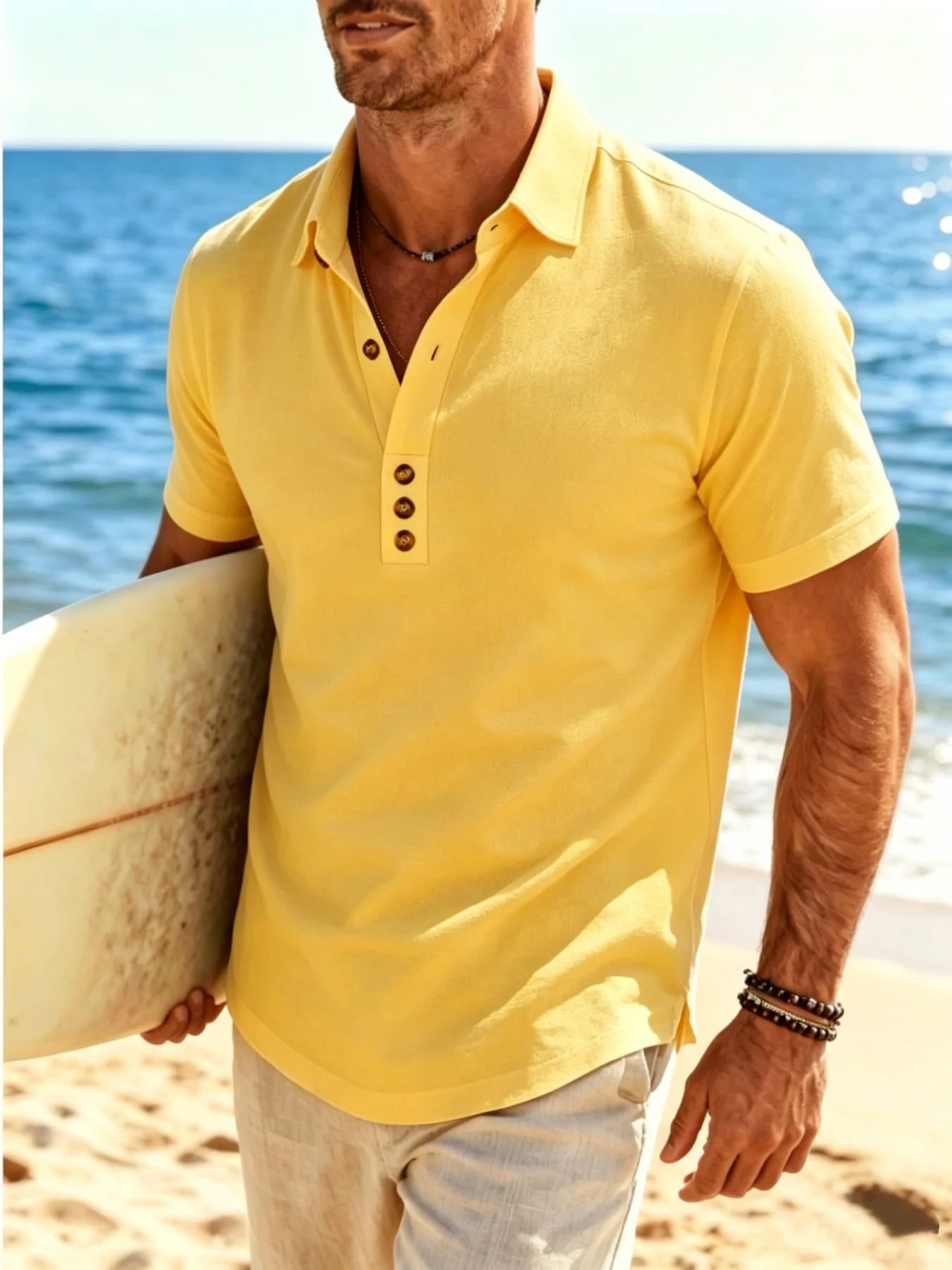 Men's Linen Lapel Polo Shirt, Wood Button Half Placket Short Sleeve Beach Top