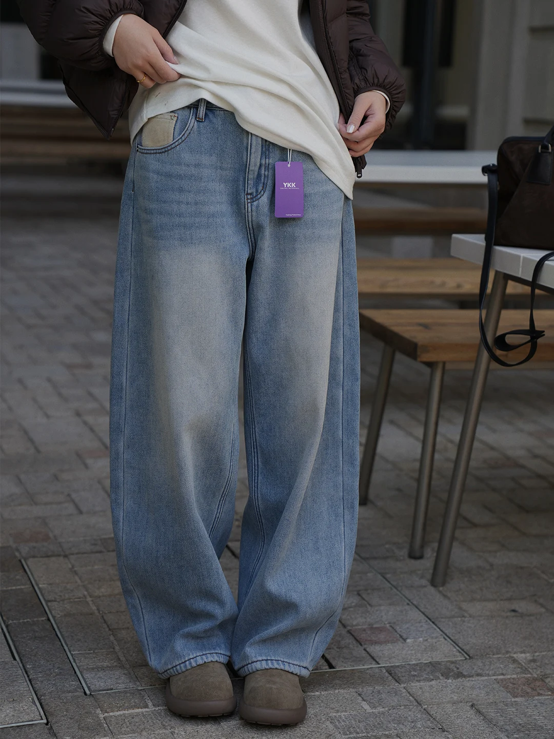 

Женские джинсы из денима с подкладкой в стиле ретро, свободные широкие брюки с высокой талией, зимние модные корейские брюки, удобные, с эффектом похудения