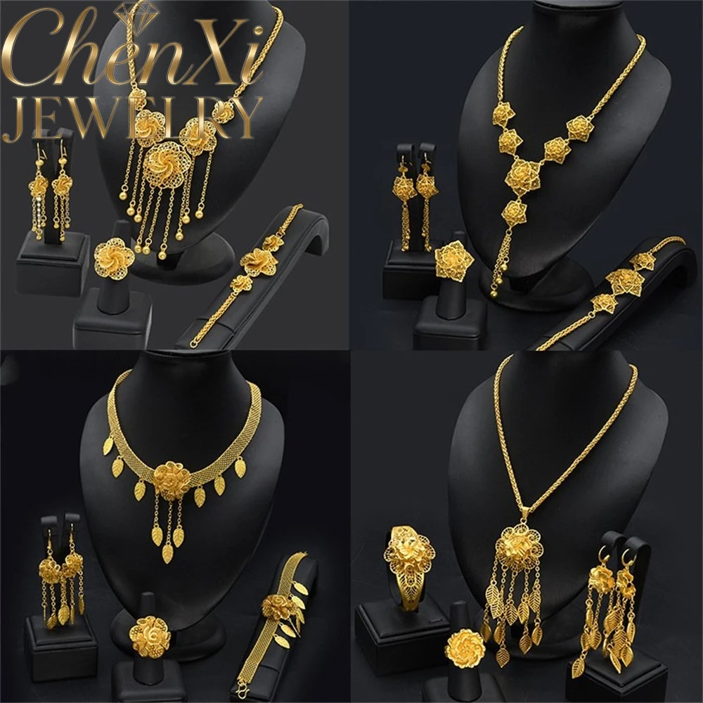 High-End Luxury Elegant Alluvial Gold Fashion Popular Jewelry Set Women Wedding Party Banquet Necklace Earrings Ring 4pcs Gift