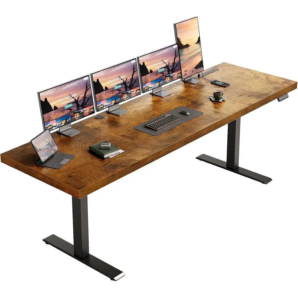 

79 Executive Electric Adjustable Height Desk, Rustic Brown, 3-Piece 1.38 Thick Top, Power Outlet