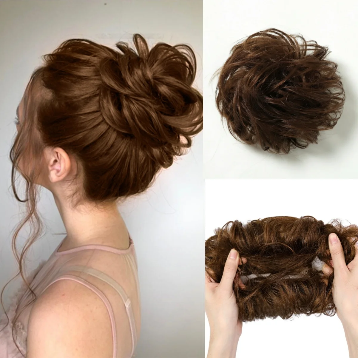 100% Human Hair Chocolate Brown Messy Bun Chignon with Elastic Stretchy Scrunchies Hair Donut Elegant Ponytail Piece