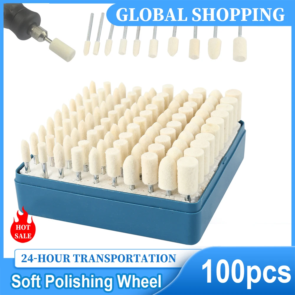 100Pcs Wool Felt Polishing Buffing Pad Fine Shank Wool Polishing Head Grinding Jewelry Metals Wheels Buffing Felt Rotary Tool