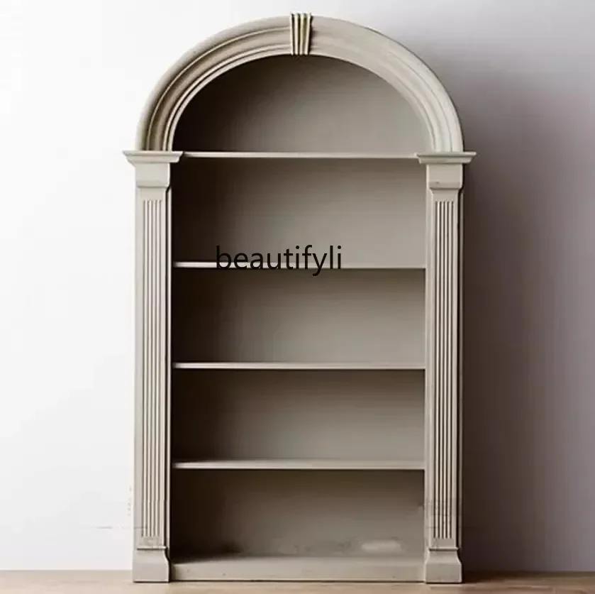 خزانة كتب من الخشب الصلب على الطراز الأمريكي، رف كتب منحني، خزانة كتب بسيطة، أثاث مستنسخ فرنسي عاجي أبيض عاجي