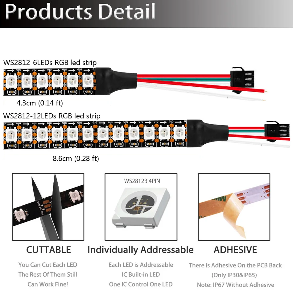 WS2812B Smart RGB LED Strip WS2812 Individually Addressable LED Light 6LEDs / 12LEDs Black/White PCB non-Waterproof IP30