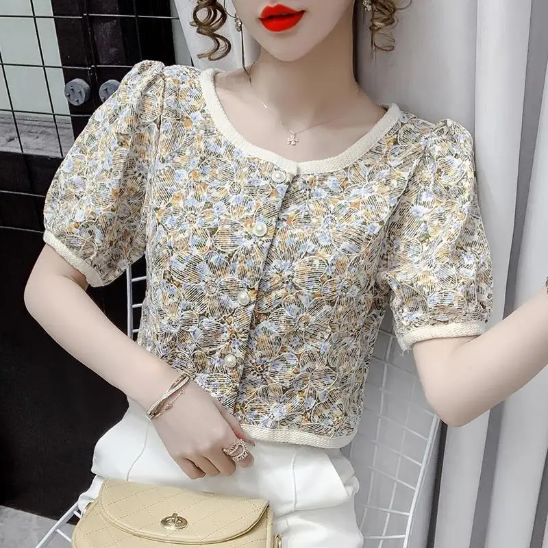 

2024 Summer New Fashion Sweet Printed Short Sleeve Shirts Tops Crew Neck Loose Single-breasted Shorts Women's Clothing Blouses