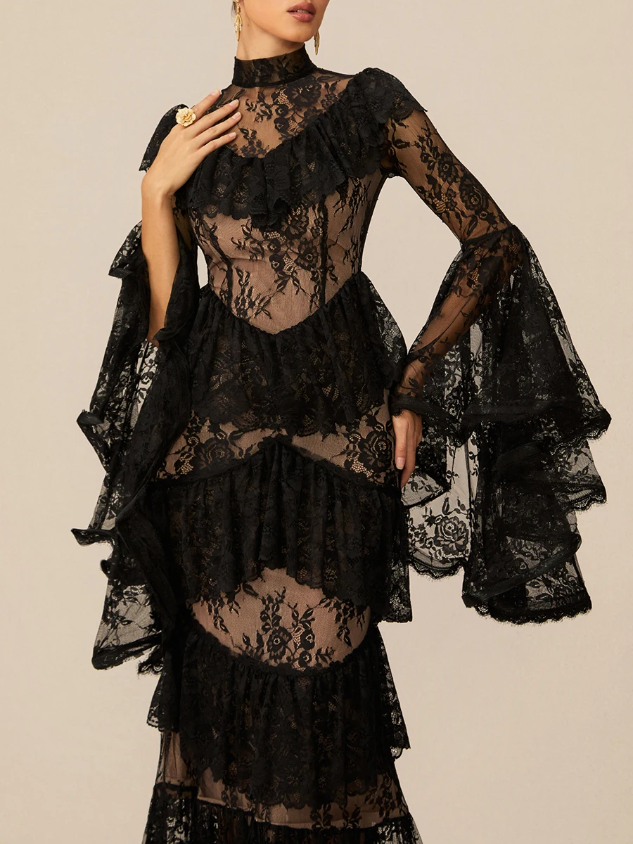 TWOTWINSTYLE, vestidos elegantes lisos de encaje empalmado para mujer, cuello levantado, mangas largas, retazos, volantes, pliegues, vestido femenino nuevo