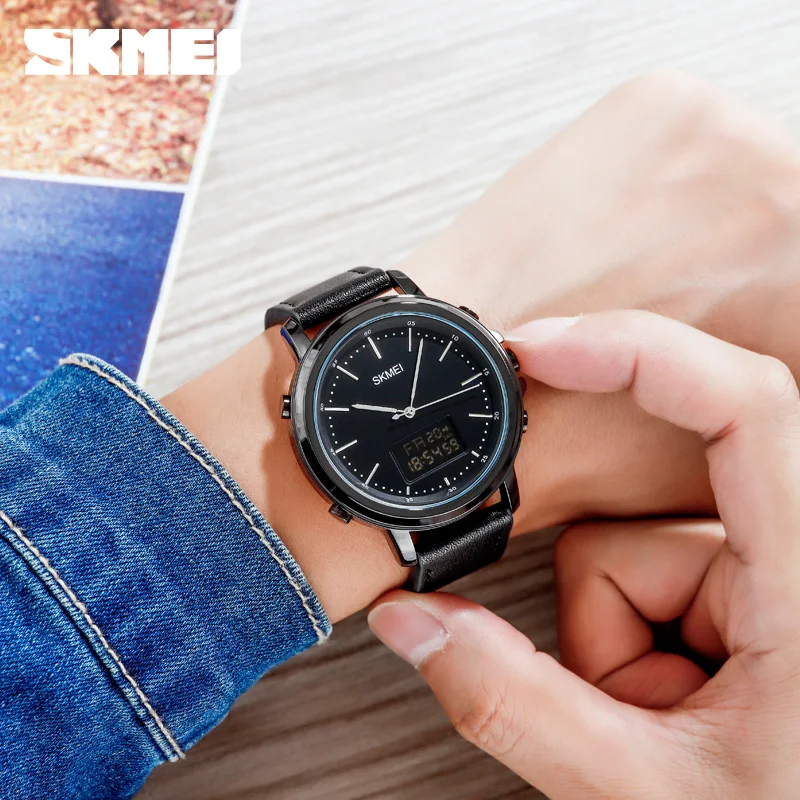 SKMEI 1652 Men Chrono Alarm Digital Mens Wristwatch Leather Strap Waterproof Watch reloj hombre Dual Display Casual Watches