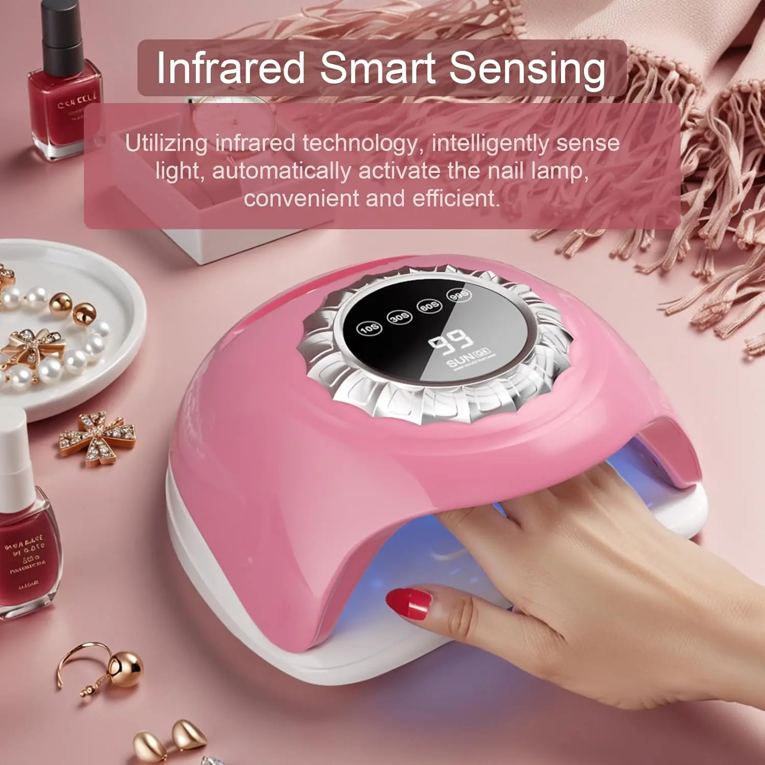 مصباح أظافر LED وردي بالأشعة فوق البنفسجية مع شاشة تعمل باللمس، 4 مؤقتات، قاعدة قابلة للفصل وخرز ضوء مزدوج - علاج جل سريع