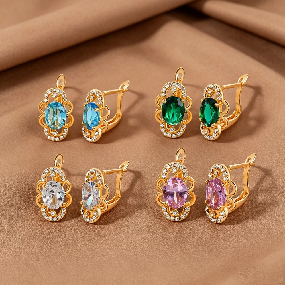 

Luxurious Retro Crystal Earrings Elliptical Blue-Green Pink Gemstone Stud Earrings Formal And Date Jewelry, Precious Gemstones