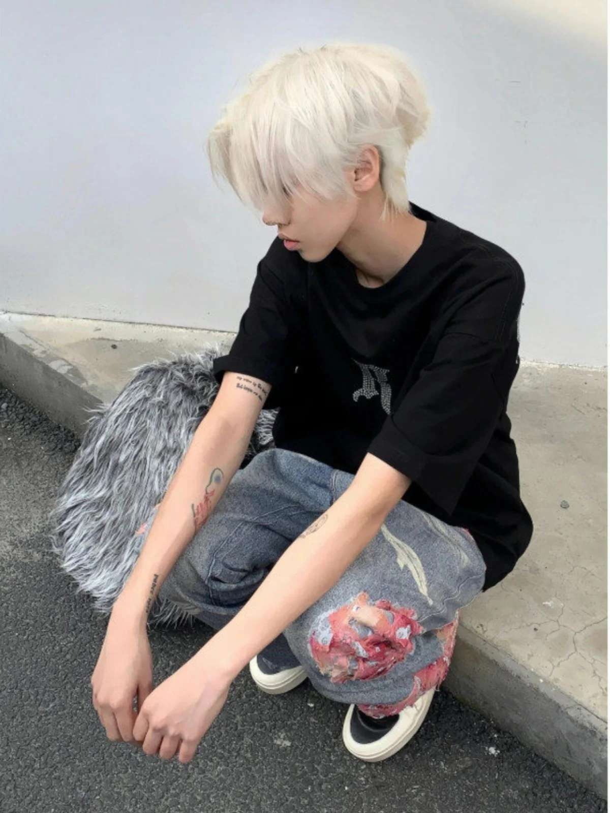 

American Sle Printed Hole Jeans Men's Casual Loose Straight Leg Jeans Spring Autumn Wear Resistant Cotton Denim Jeans