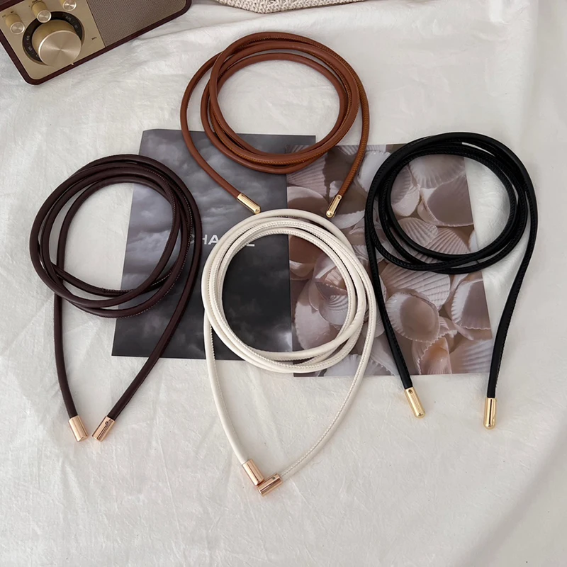 Women Waistband Round Leather Rope Thin Belt Women Dress Skirt Sweater Coat Vintage Bow Knot Long Waist Rope Decorative Belt