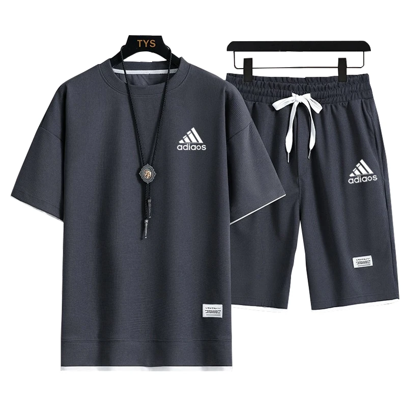 

2026 Men's Summer New Casual Short Sleeve T-shirt Set, Fashionable Outdoor Round Neck Hoodie+Sports Shorts 2-piece Set