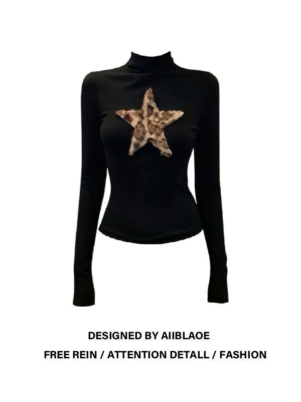

Женская облегающая футболка больших размеров в американском стиле с леопардовым принтом и звездами, модный осенне-зимний топ с длинным рукавом