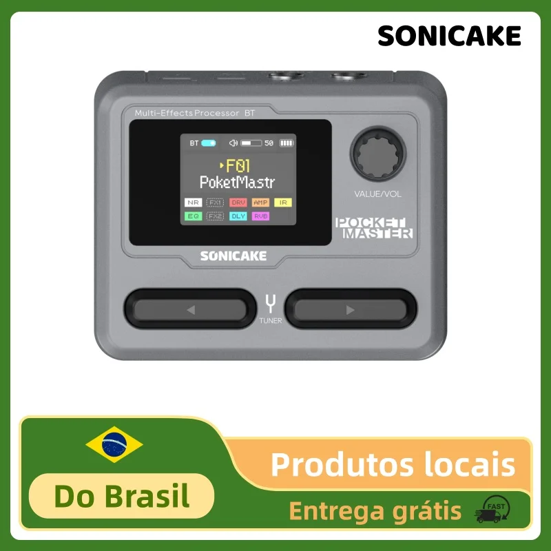 SONICAKE Pocket Master Brasil Versão em Inglês Pedal de Efeitos Múltiplos para Guitarra e Baixo com 100+ Efeitos, Suporte NAM A2, Bateria Interna QME-10