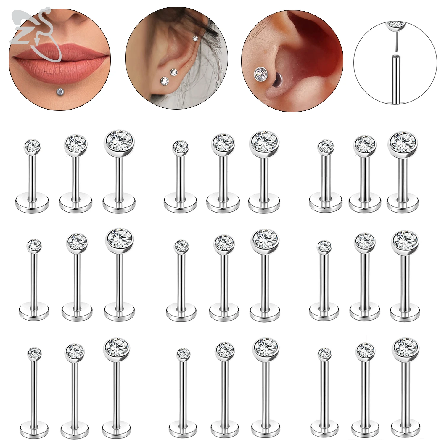 ZS 10 Pcs/lot Plug-In Style 16/18/20G Stainless Steel Labret Lip Piercing Threadless Cartilage Tragus Helix Piercings 6/8/10MM