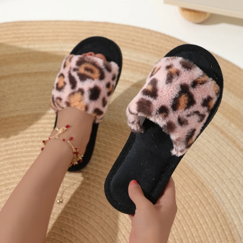 Herfst Winter Luipaardprint Slippers Damesmode Pluche Bont Slides Thuis Slippers Indoor Warm EVA Anti Slip Slaapkamer Huis Schoen